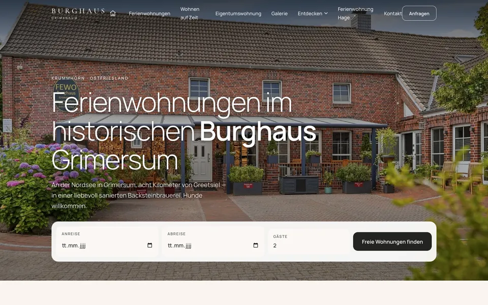 Vorschau der Website burghaus-grimersum.de, Startseite am Desktop
